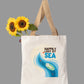 Tote bag with 'Happily Lost at Sea' design  on a white background