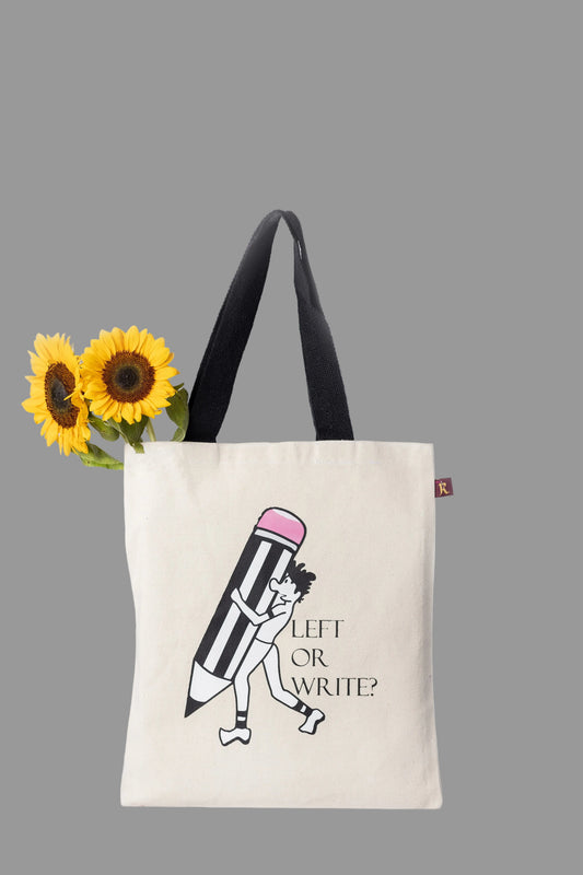 Tote bag with a design of a pencil and text on a light background