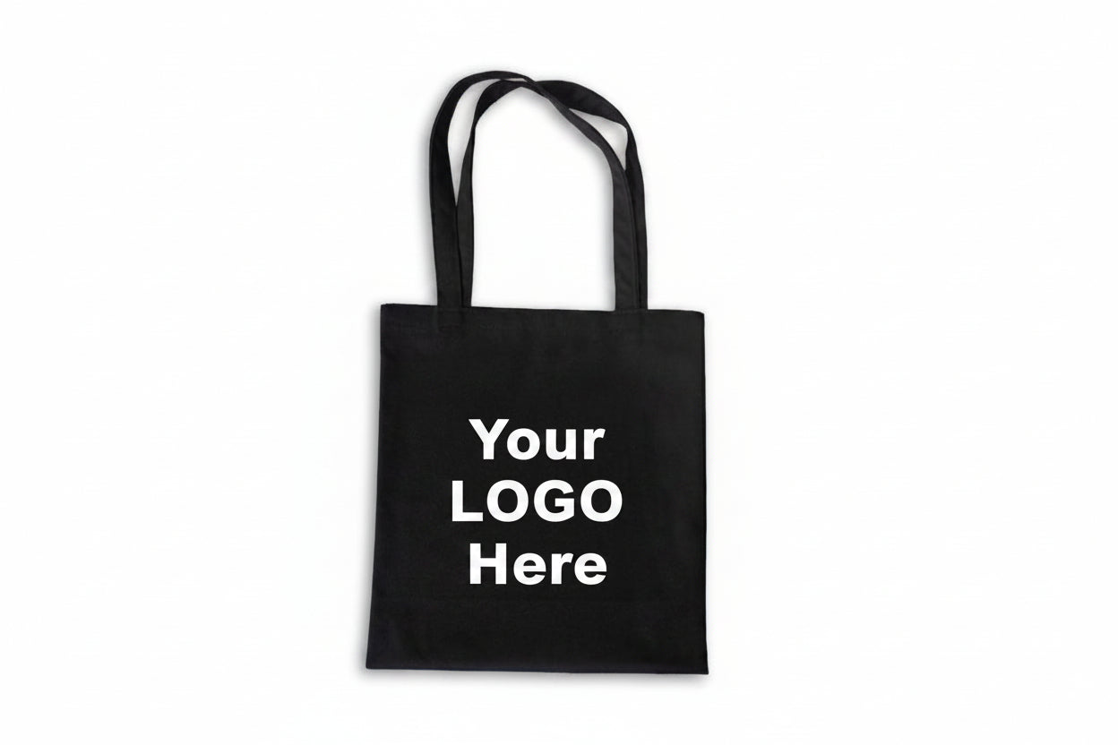 Custom Logo Printed Black Cotton Tote Bags - 330 GSM  - Size 14" by 16"