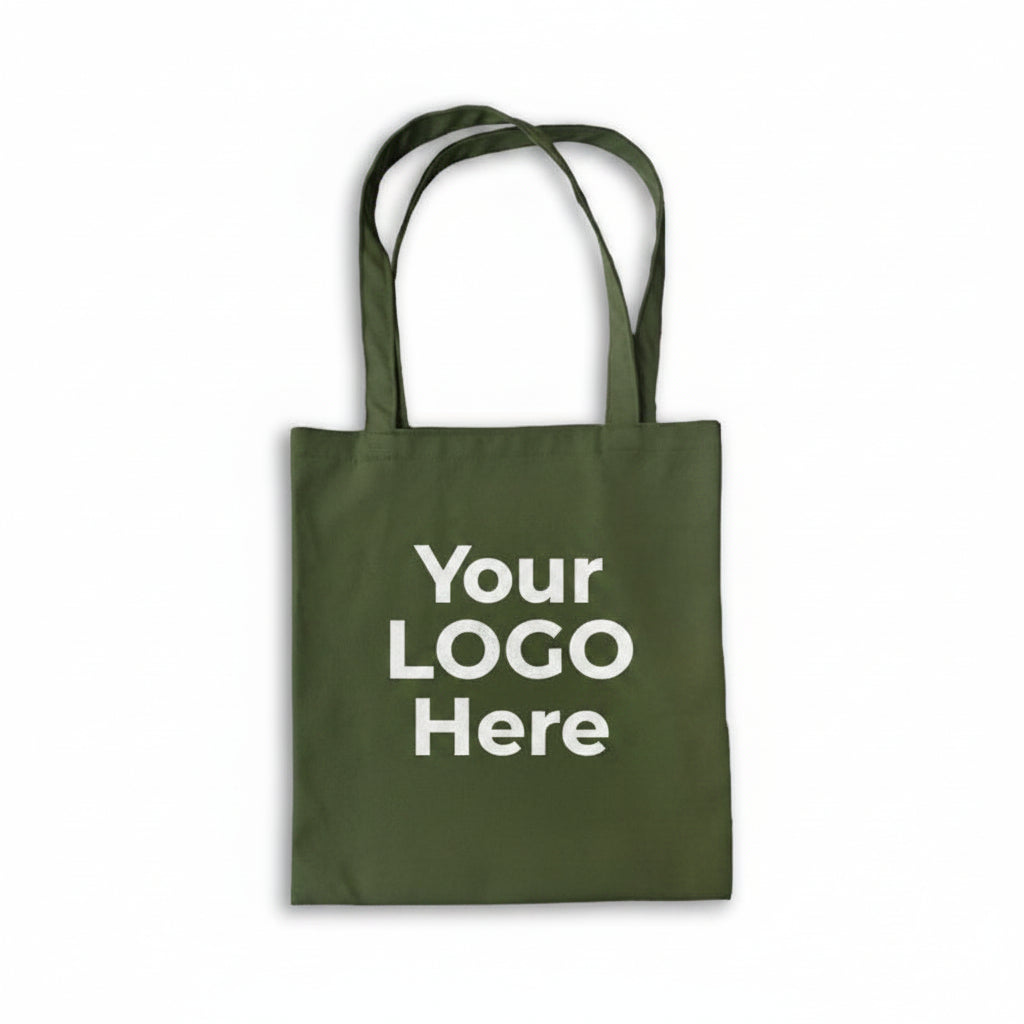 Custom Logo Printed Olive Green Cotton Tote Bags - 330 GSM  - Size 14" by 16"