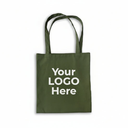 Custom Logo Printed Olive Green Cotton Tote Bags - 330 GSM  - Size 14" by 16"