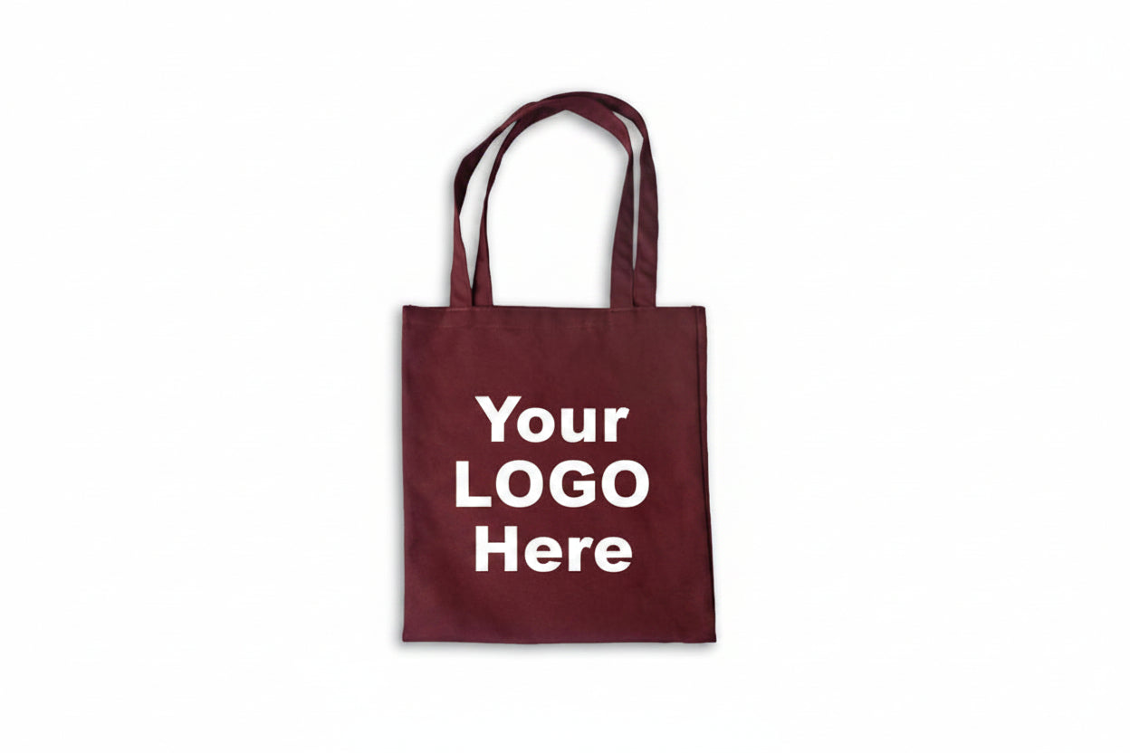 Custom Logo Printed Maroon Cotton Tote Bags - 330 GSM  - Size 14" by 16"