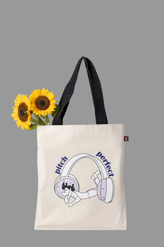Tote bag with graphic design on a white background