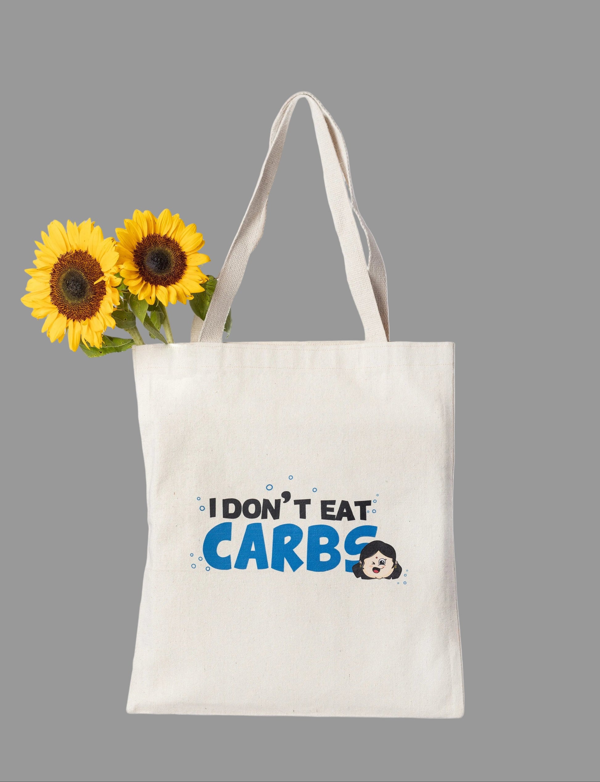 Tote bag with 'I Don't Eat Carbs' text 
