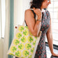 Cotton Canvas Quirky Yellow circles with Green Leaves drawing Printed Unisex Tote Bag