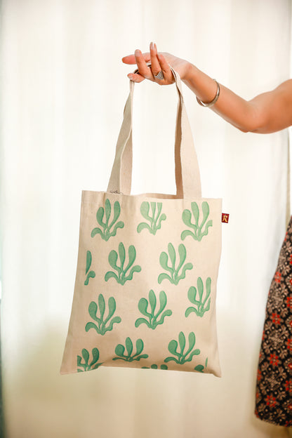 Cotton Canvas Quirky Green Plants drawing Printed Unisex Tote Bag